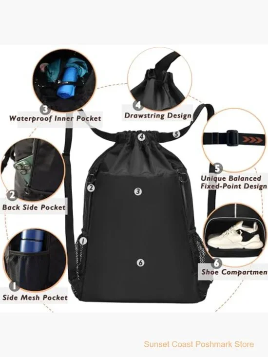 Waterproof Drawstring Backpack with Shoe Compartment Gym Travel Bag - Picture 3 of 7